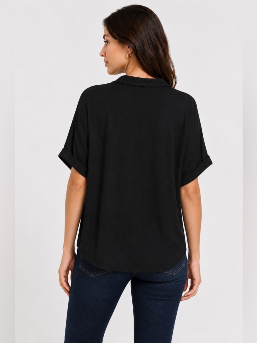 Bobeau Black Oversized Button-Up Blouse | Luxe Minimalist Rayon Top - Size: M - Picture 2 of 4